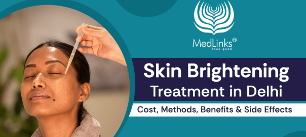 Woman receiving a facial skin brightening treatment with a serum dropper at a dermatology clinic in Delhi.