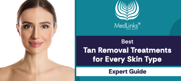 Woman showing before and after results of tan removal treatment with MedLinks Expert Guide for every skin type.